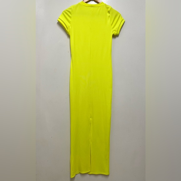 Fashion Nova Neon Yellow Stretchy Long Dress Short Sleeves Size S - Picture 6 of 7